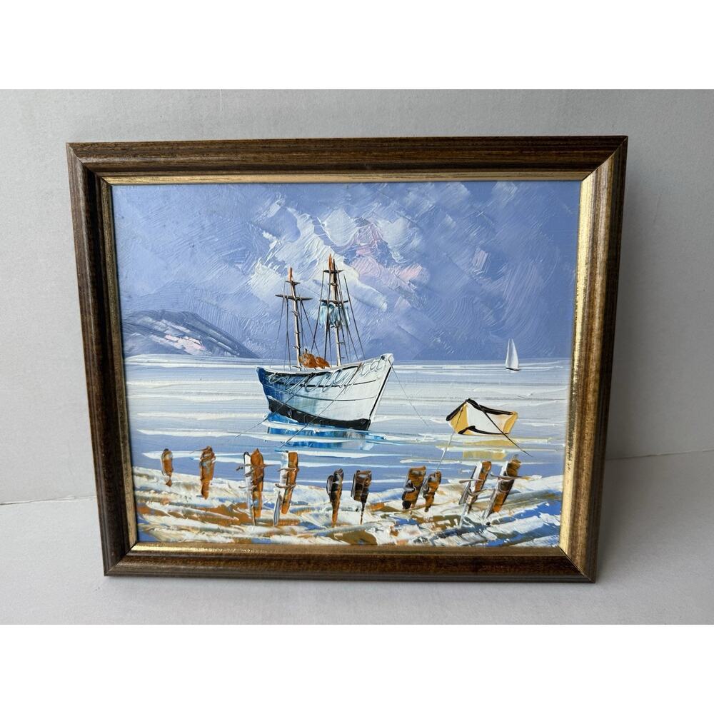 Framed Oil Painting Nautical Boats Impasto Framed Unsigned Docks Mooring Sea Sky